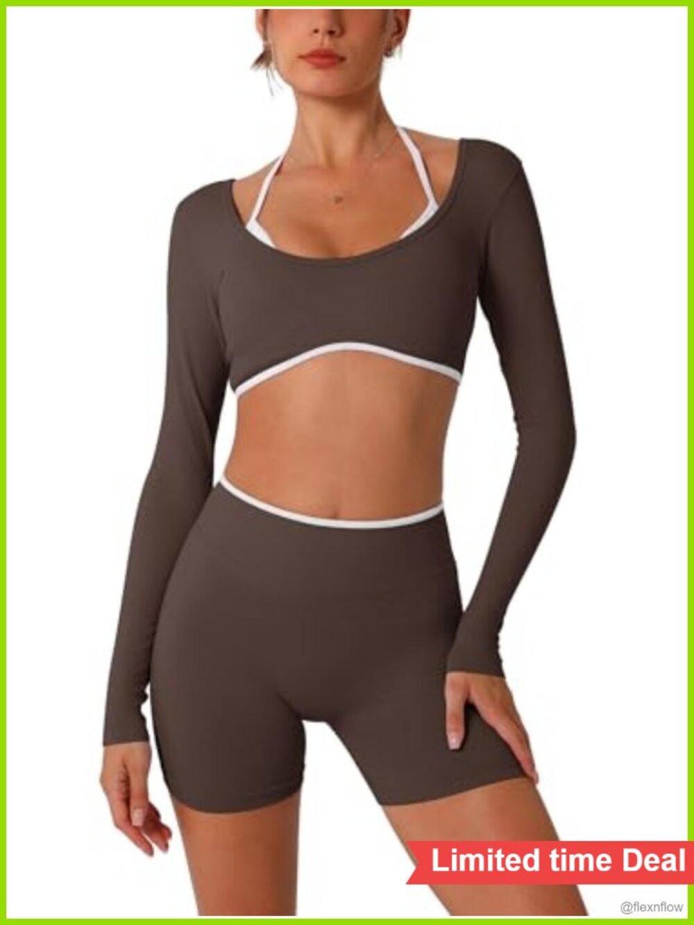 2pc Seamless Workout Set Long Sleeve Crop Top Scrunch Butt High Waist Shorts